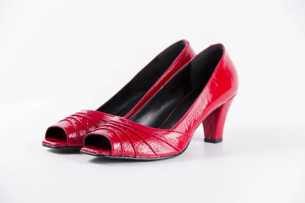 Female Red Leather Shoe on White Background — Stock Photo, Image