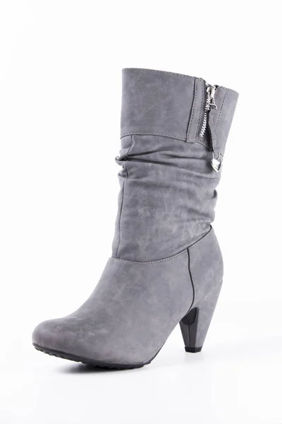 Female Grey Leather Boot on White Background Stock Photo