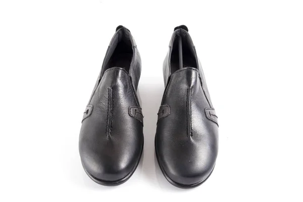 Женская Черная Кожаная Обувь Белом Фоне Изолированный Продукт Удобная Обувь — стоковое фото