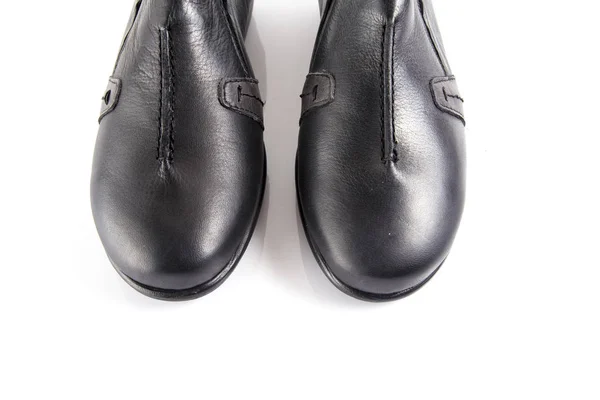 Женская Черная Кожаная Обувь Белом Фоне Изолированный Продукт Удобная Обувь — стоковое фото