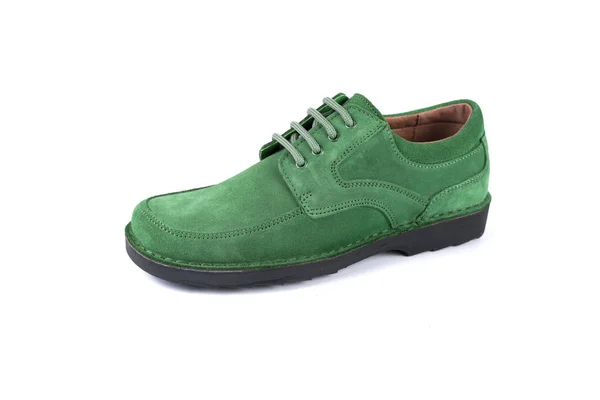 Мужской Зеленый Кожаный Ботинок Белом Фоне Изолированный Продукт — стоковое фото