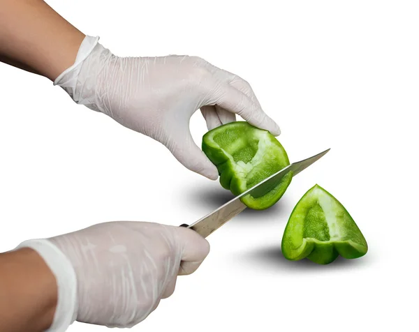 Detailní záběr nůž řezání v paprikách. — Stock fotografie
