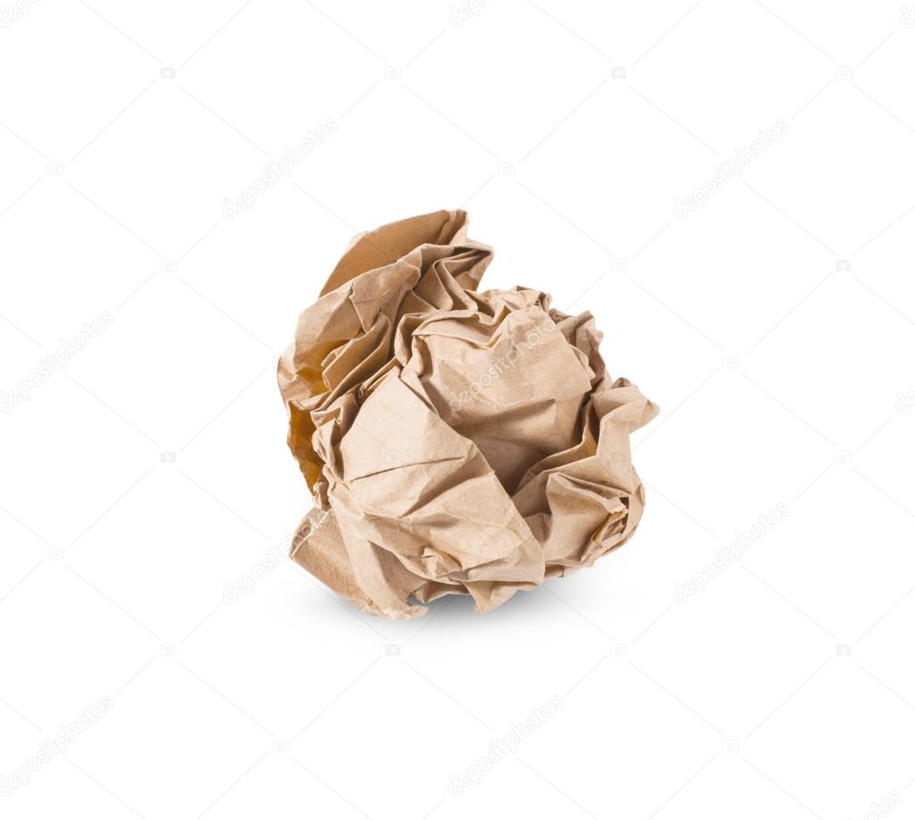 Crumpled brown paper ball isolated over white background
