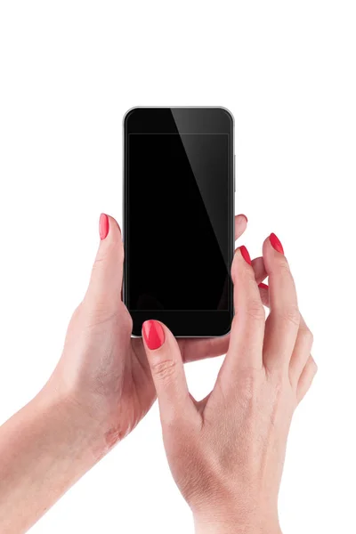 Рука женщины держит и касается смартфона, изолированного на белом — стоковое фото