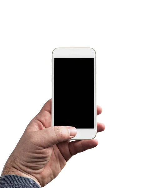 Человек Рука держит мобильный телефон на белой backgroun — стоковое фото