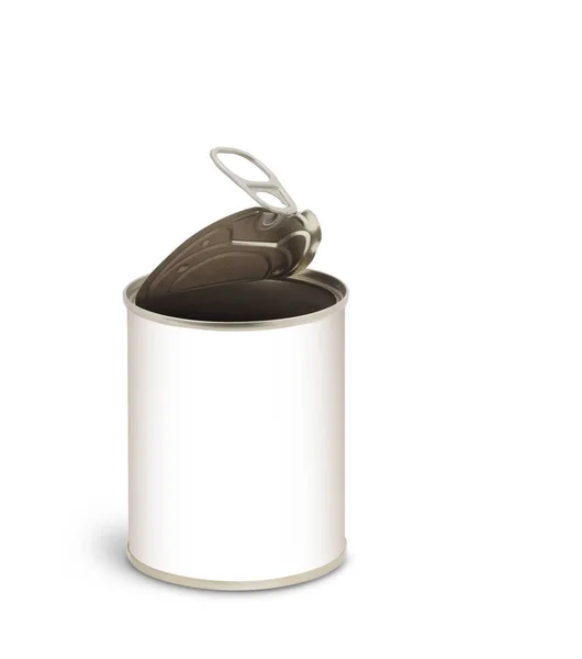 Aberto lata de metal isolado sobre fundo branco — Fotografia de Stock