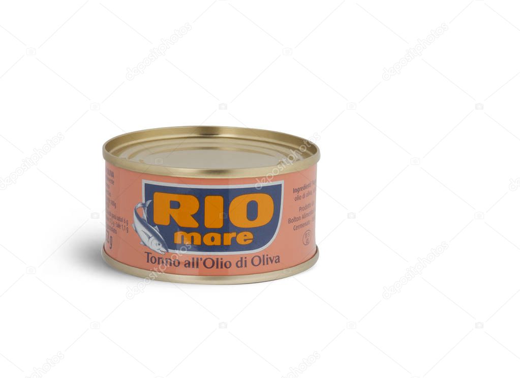 CHISINAU, MOLDOVA - AUGUST 12, 2016: Can of Rio Mare brand tuna in olive oil. Rio Mare is manufactured by Bolton Group, the European leader in canned tuna fish.