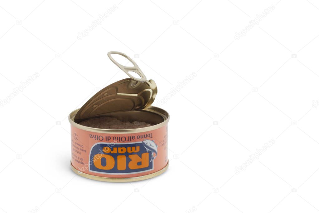CHISINAU, MOLDOVA - AUGUST 21, 2017; Open cans of canned fish tuna in olive oil Rio Mare brand