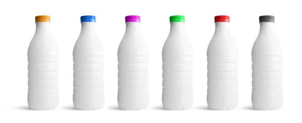 Bílé plastové lahve s cap různé barvy — Stock fotografie