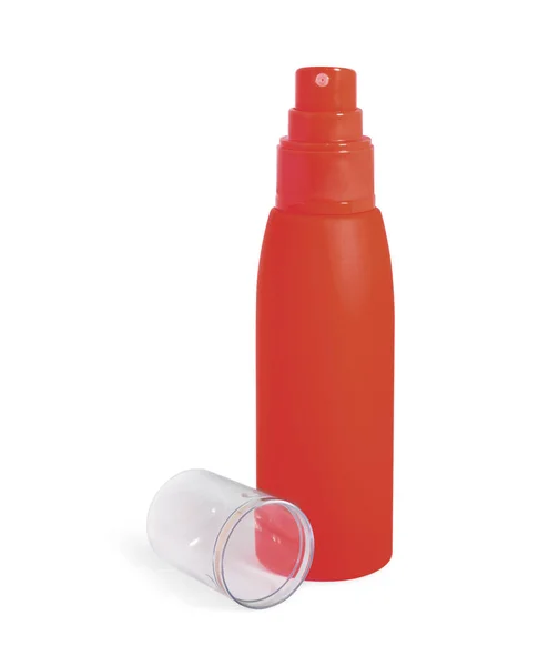 Rote kosmetische Cremeflasche, Spray geöffnet isoliert auf weißem Backgr — Stockfoto