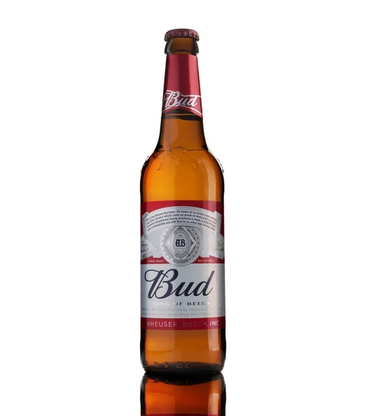 A fehér háttér, visszaverődés Budweiser sör üveg — Stock Fotó
