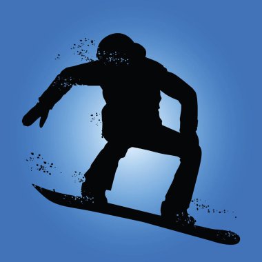 Siyah silüeti üzerinde mavi arka plan izole snowboarder