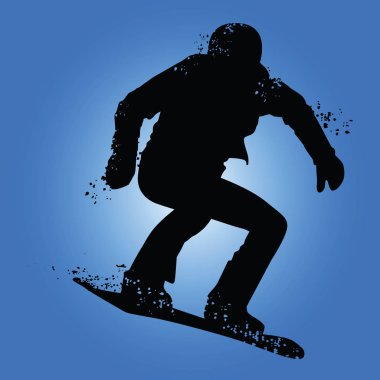 Siyah silüeti üzerinde mavi arka plan izole snowboarder