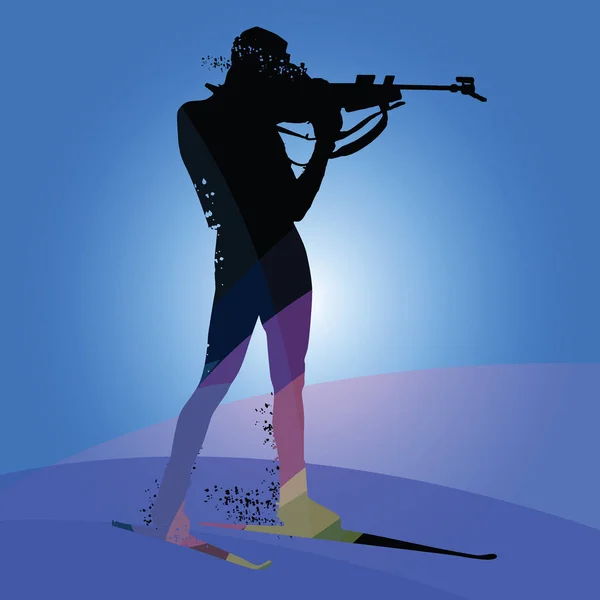 Course de biathlon, silhouette skieuse isolée sur fond bleu — Image vectorielle