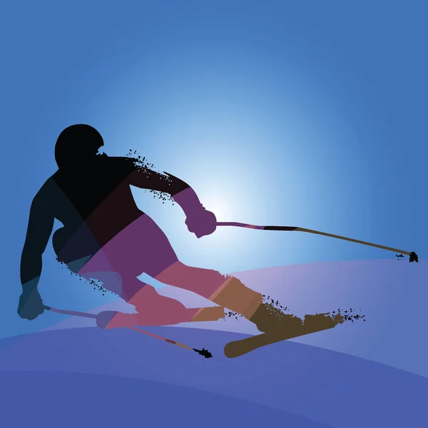 Silhueta de esqui alpino isolada sobre fundo azul — Vetor de Stock