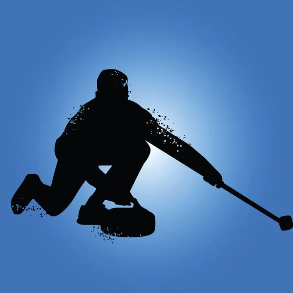 Silhouette de joueur de curling isolée sur fond bleu — Image vectorielle