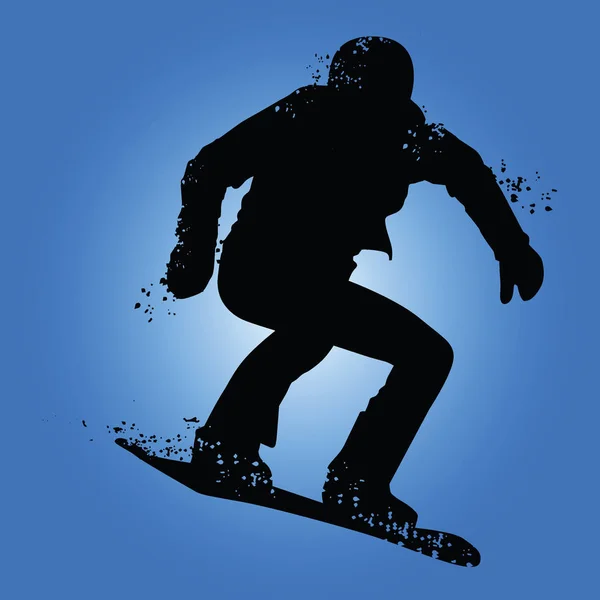 Schwarze Silhouette des Snowboarders isoliert auf blauem Hintergrund — Stockvektor
