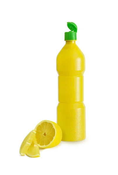 Желтая пластиковая лимонная бутылка — стоковое фото