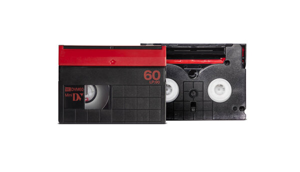 mini DV cassette on white background