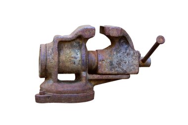 Old rusty bench vise isolated on white background