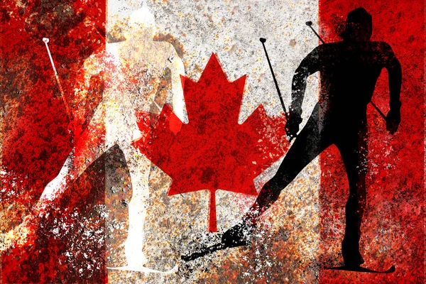 Skilanglauf Silhouette auf einer Kanada-Flagge auf dem rostigen mir — Stockfoto