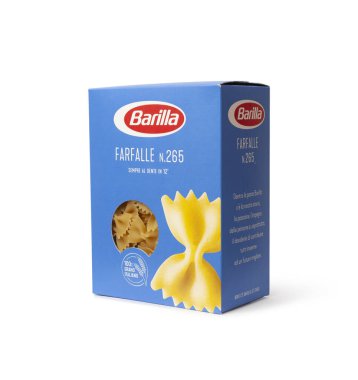CHISINAU, MOLDOVA - April 1, 2020: Barilla Farfalle Nr 265. Italian pasta in a box isolated on white background. Barilla is an Italian food company, founded in 1877 in Parma, Italy. clipart