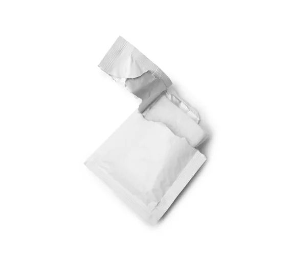 Nedves Törlőkendő Tasak Nyitott Csomag Fehér Alapon Elkülönítve Vágási Útvonallal — Stock Fotó