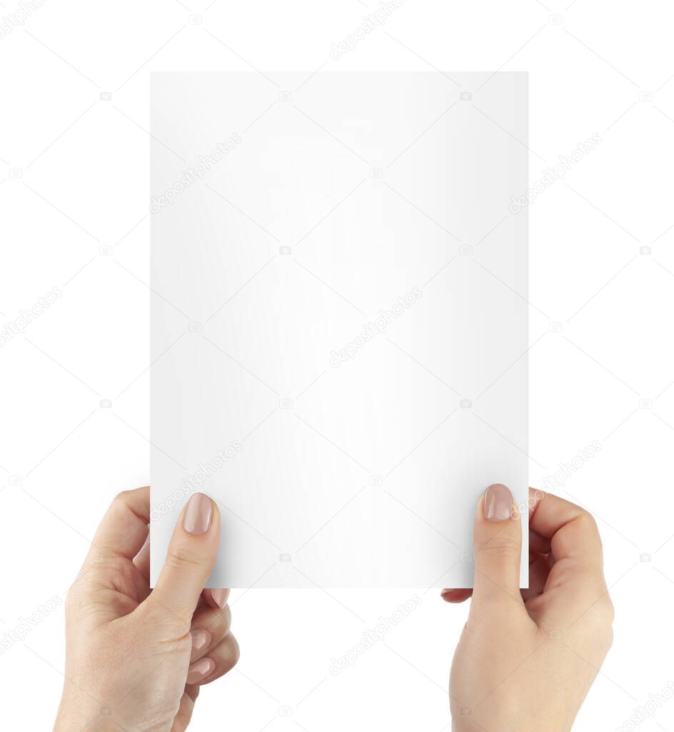 Woman hands holding blank paper sheet A4 size or letter paper isolated on white background. With cliping path elements