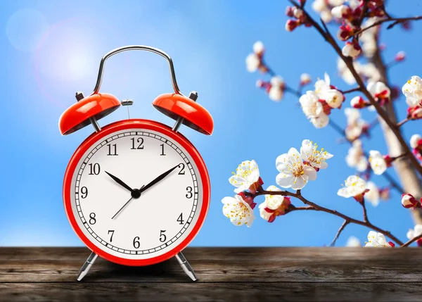 Vintage Red Alarm Clock Wooden Table Bench Spring Season Background — Stock Photo, Image