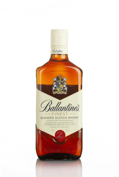 CHISINAU, MOLDOVA - APRIL 27, 2020: Ballantine's Blended Scotch whiskeys it is a range of Blended Scotch whiskeys produced by Pernod Ricard in Dumbarton, Scotland. Isolated on white background