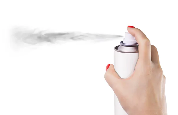 Mulher Pulverizando Tinta Lata Fundo Branco Lata Spray Aerossol Garrafa — Fotografia de Stock
