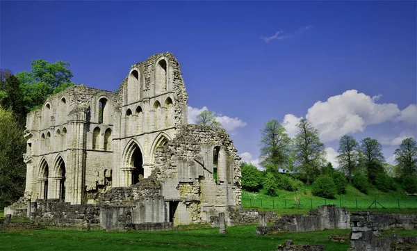 罗什修道院 Roche Abbey 是英国南约克郡Maltby教区的一座被毁的修道院 它位于Maltby Dyke山谷 当地人称为Maltby Beck 这是一个已排定的古迹及二级 — 图库照片