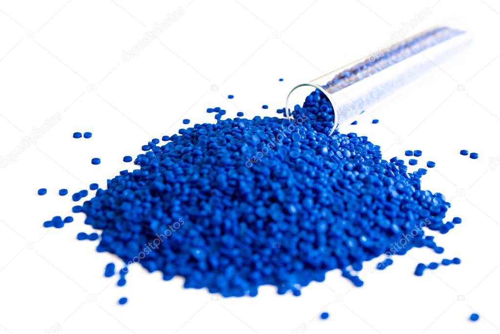 Close-up of plastic polymer granules. hand hold Polymer pellets.