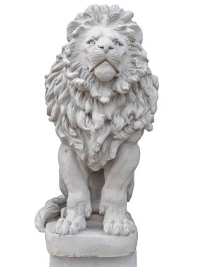 Aslan heykeli beyaz siyah zeminde izole edilmiş. Beton heykel.