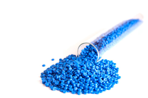 Close-up of plastic polymer granules. hand hold Polymer pellets. polymer plastic. compound polymer.