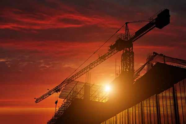 Silhouette Construction Worker Building Crane Construction Site Background — Stock Photo, Image