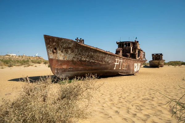 Rusty ship wreck in the deserted Aral Sea near Muynak in Uzbekistan