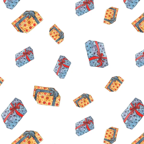 Suluboya ile hediye kutuları ile kusursuz desen. Parlak ve renkli, kumaş, ambalaj, duvar kâğıdı vs.