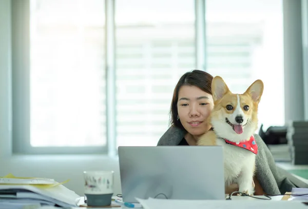 Las Empleadas Trabajan Casa Debido Problemas Virus Covid Con Perros —  Fotos de Stock