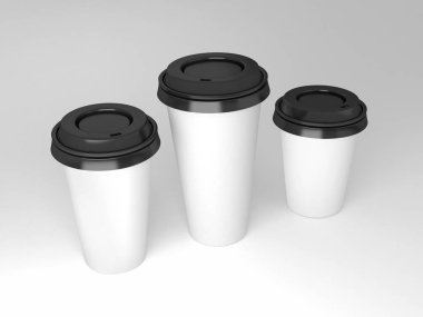 Seri resmi, logo, kurumsal kimlik ya da illüstrasyon sunumu için üç boyutlu kağıt kahve fincanları..