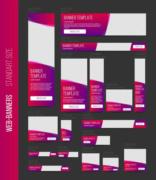 Reklam için minimalist web pankartı şablonu, standart boyutlar, dikey kare ve yatay, yarı şeffaf dalgalarla