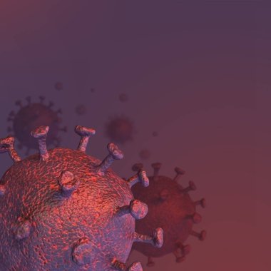 covid 19 ile arkaplan kare pankartı, alan derinliğinde virüsler, 3d oluşturma