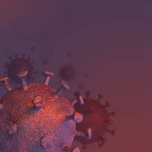 background square banner with covid 19, viruses in depth of field, 3d render