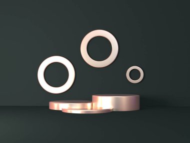 Geometrik şekillerin koyu soyut arka planına sahip minimum bakır podyum. Gerçekçi gölgelerle yapılmış 3D görüntü. Ürünleri temsil ediyor. Soyut sahne. 2. Set