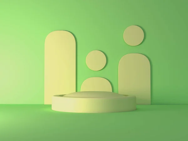 Parlaklığı geometrik şekillerin soyut arka planına sahip minimum yeşil podyum. Gerçekçi gölgelerle yapılmış 3D görüntü. Ürünleri temsil ediyor. Soyut sahne. 1. Set