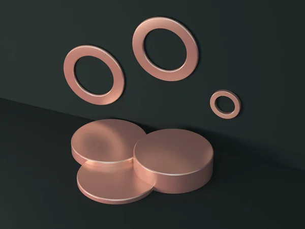 Geometrik şekillerin koyu soyut arka planına sahip minimum bakır podyum. Gerçekçi gölgelerle yapılmış 3D görüntü. Ürünleri temsil ediyor. Soyut sahne. 1. Set