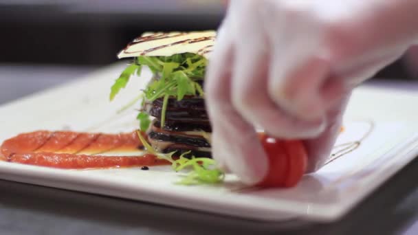 Баклажан Лазанья украшенный вегетарианская кухня — стоковое видео