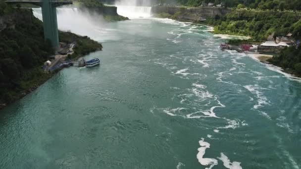 Vista panoramica al rallentatore sulle cascate del Niagara dal ponte internazionale Rainbow — Video Stock