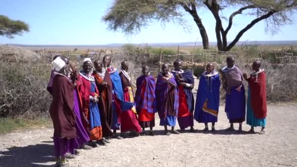Женщины африканского племени масаи, стоящие в красочной аутентичной одежде — стоковое видео