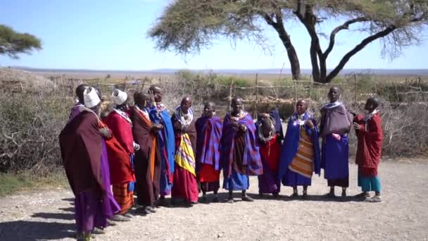 Nők az afrikai Masai törzsből, néhányan babákkal a hagyományos ruhákban. — Stock videók